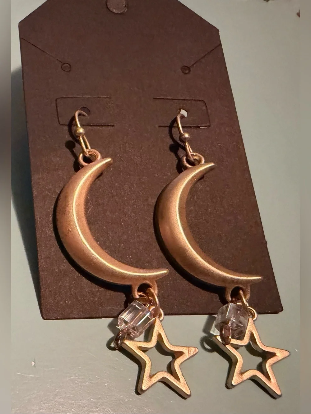 Brushed Gold Crescent Moon and Star Drop Earrings - with Clear Beaded Accents